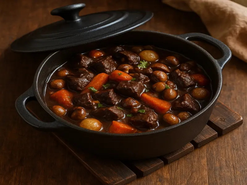 Bœuf Bourguignon authentique aux lardons et petits oignons
