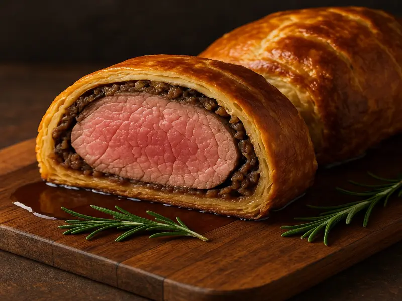 Bœuf Wellington classique tranché, révélant son cœur rosé